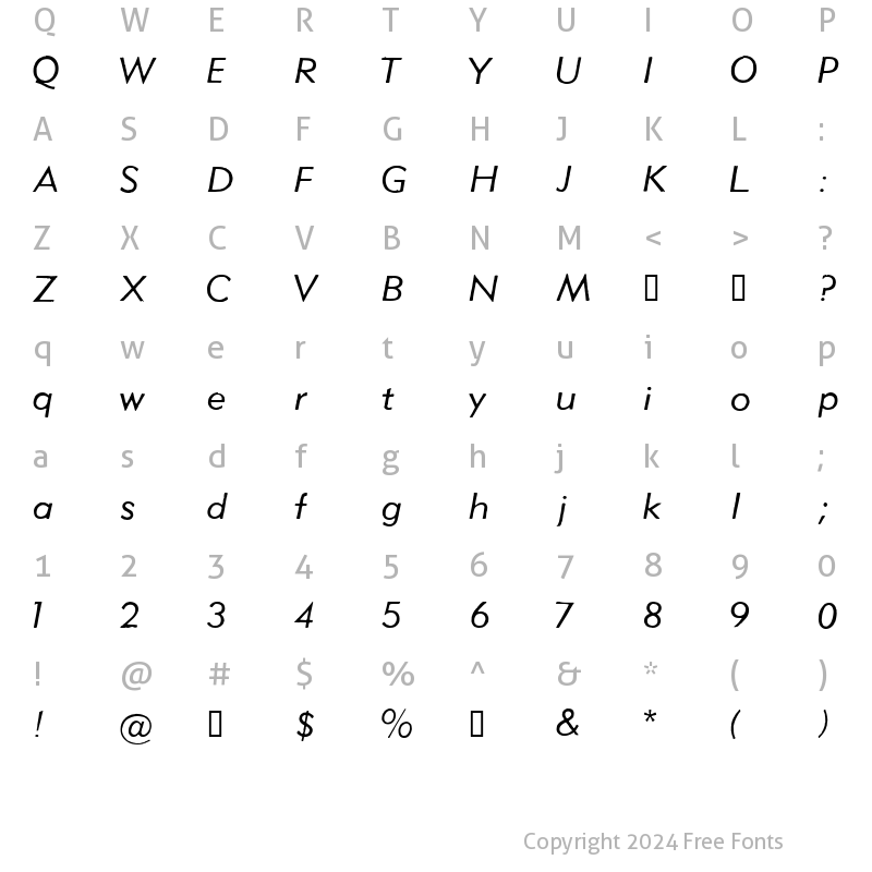 Character Map of Metro Lite Oblique HPLHS