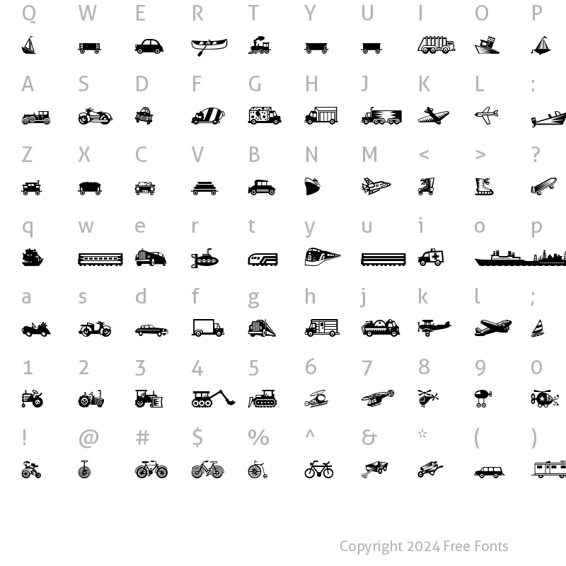 Character Map of Mini Pics Lil Vehicles Regular