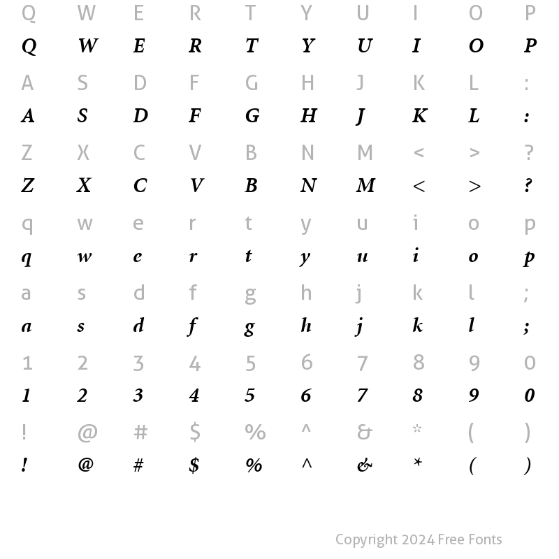 Character Map of Minion Cyr Bold Bold Italic