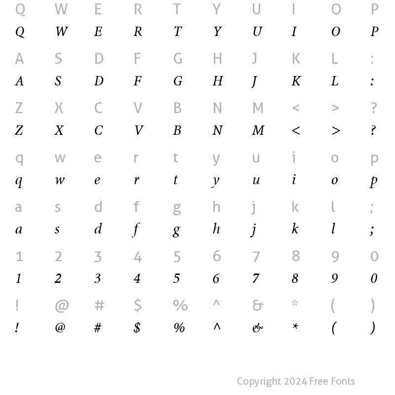 Character Map of Minion Web Pro Italic