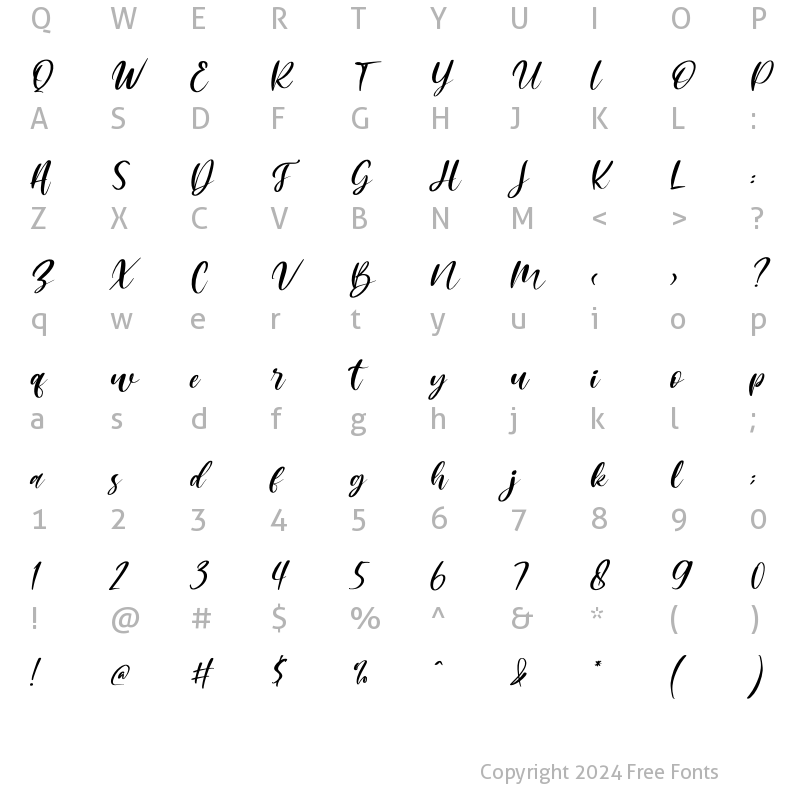 Character Map of Mishella Italic