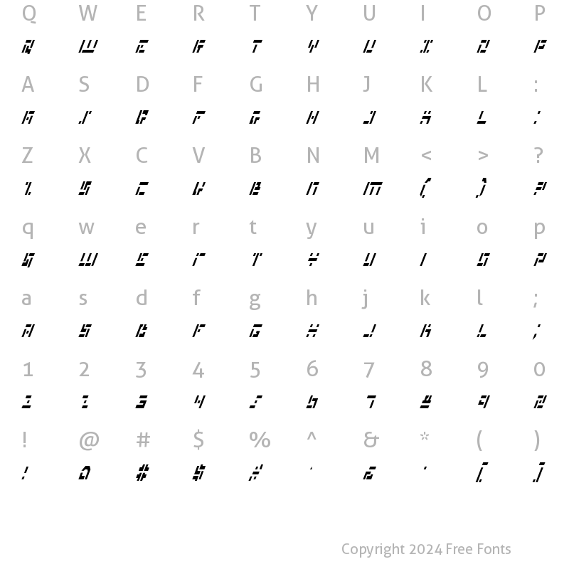 Character Map of Missile Man Italic Cond Italic Cond