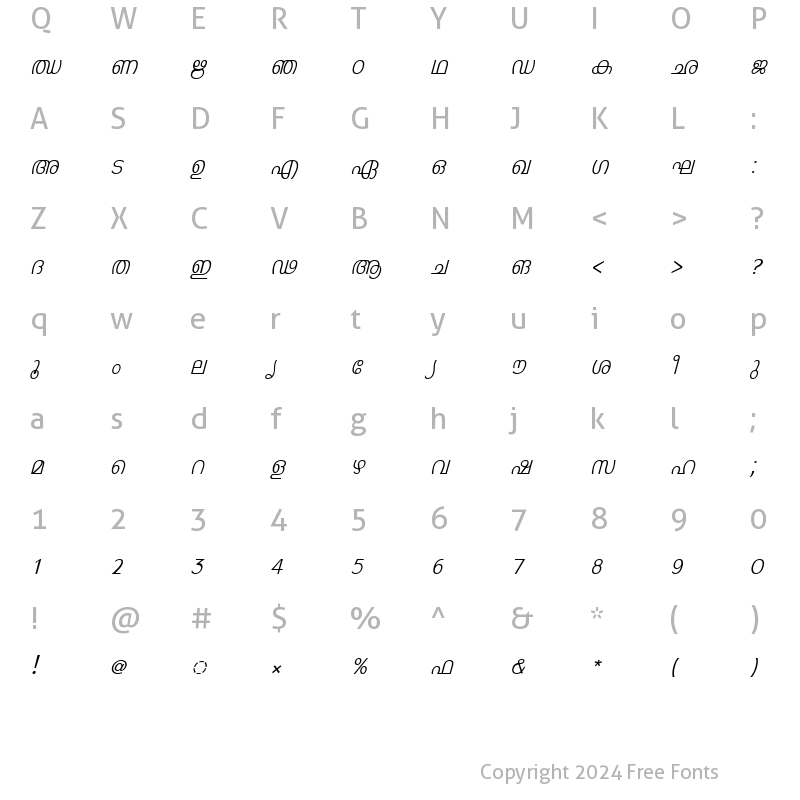 Character Map of ML-TTLeela Italic