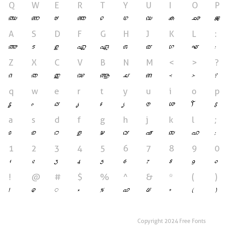 Character Map of ML-TTNalini Italic