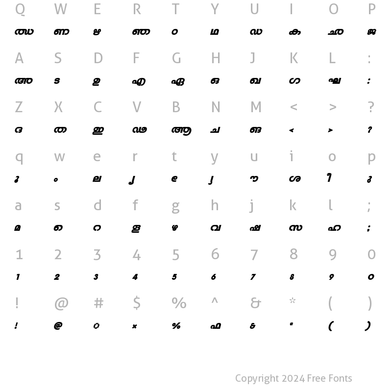 Character Map of ML-TTVeenaHeavy Italic