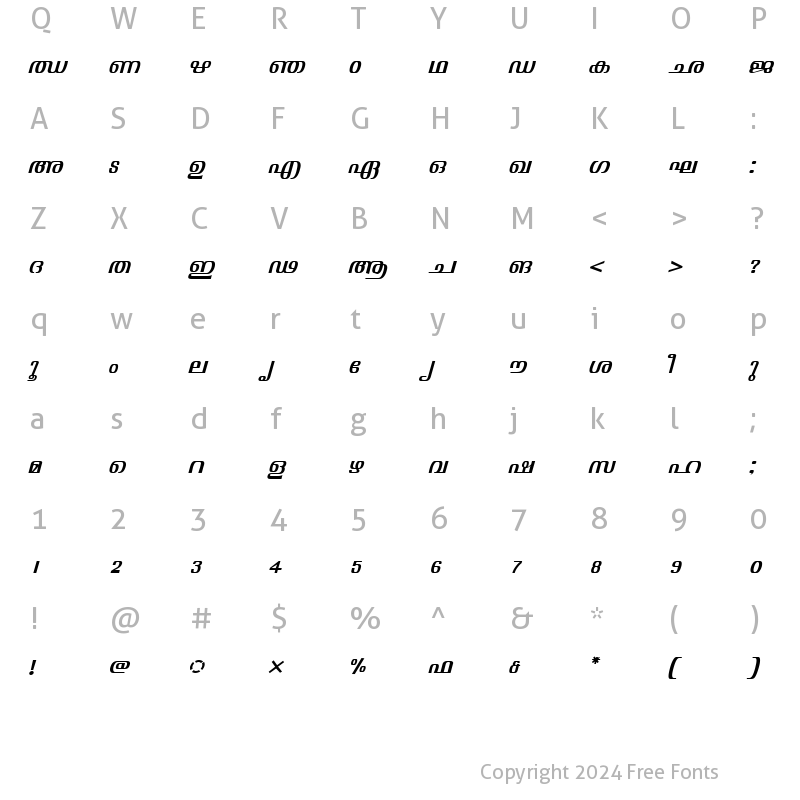 Character Map of ML-TTVisakham Italic