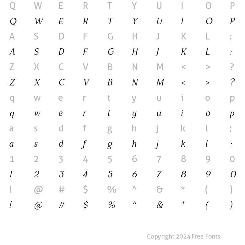 Character Map of Mondia Light Italic