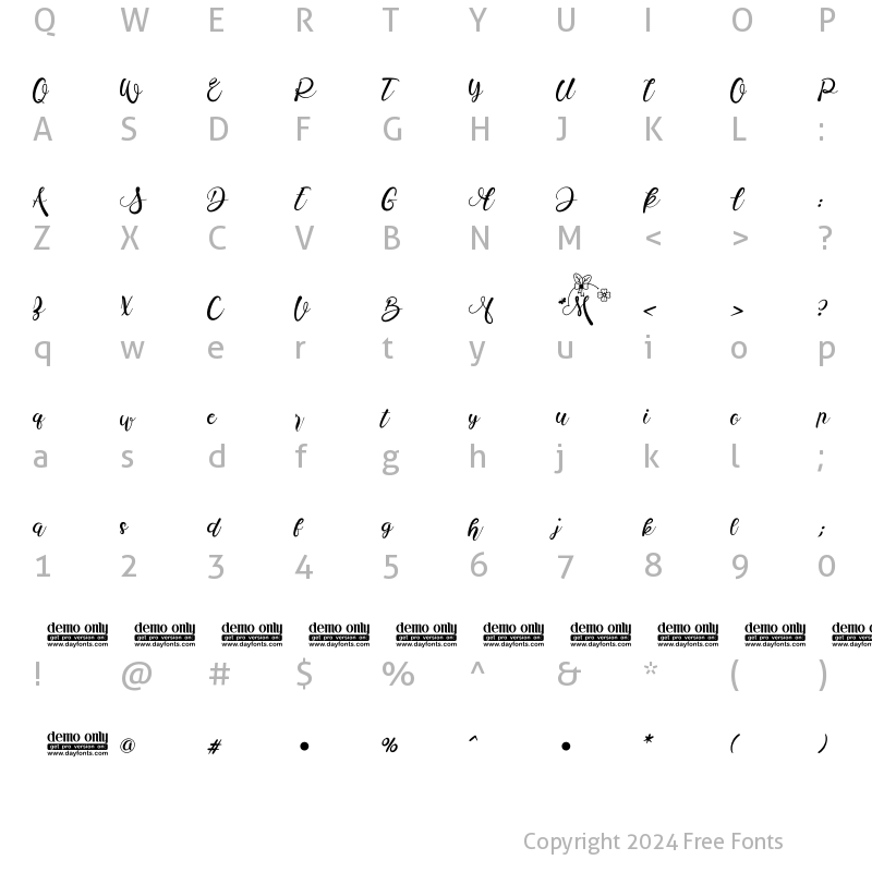 Character Map of Monica Flower Regular