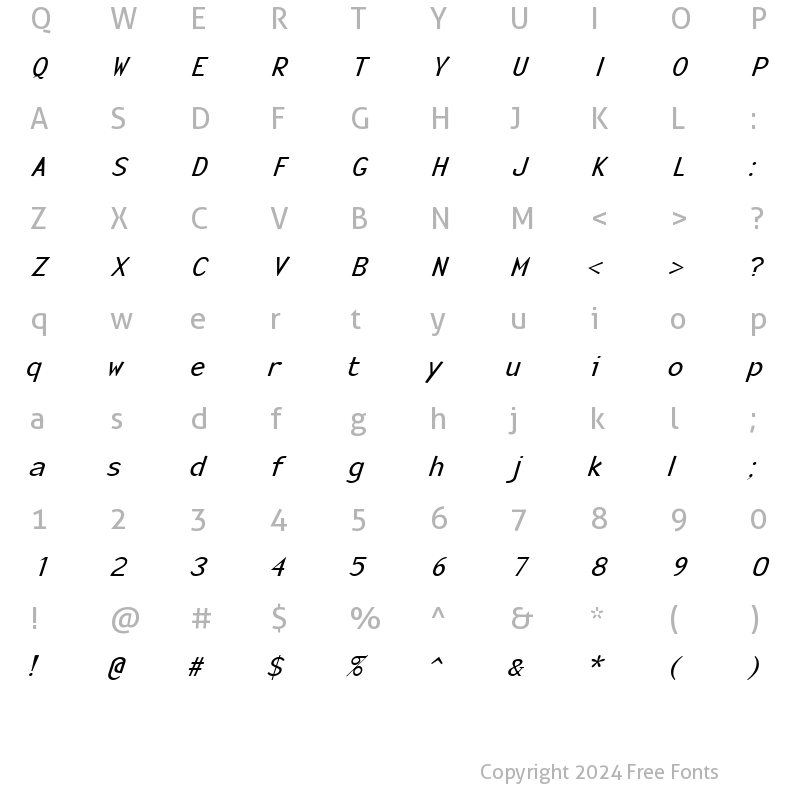 Character Map of Monotony Italic