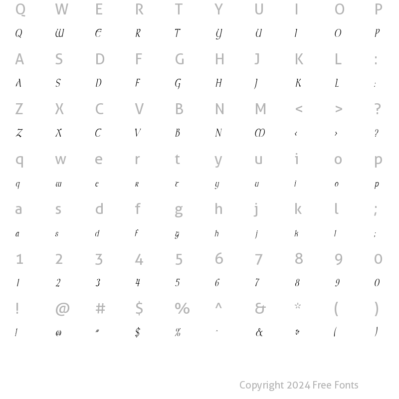 Character Map of MoravianCondensed Italic