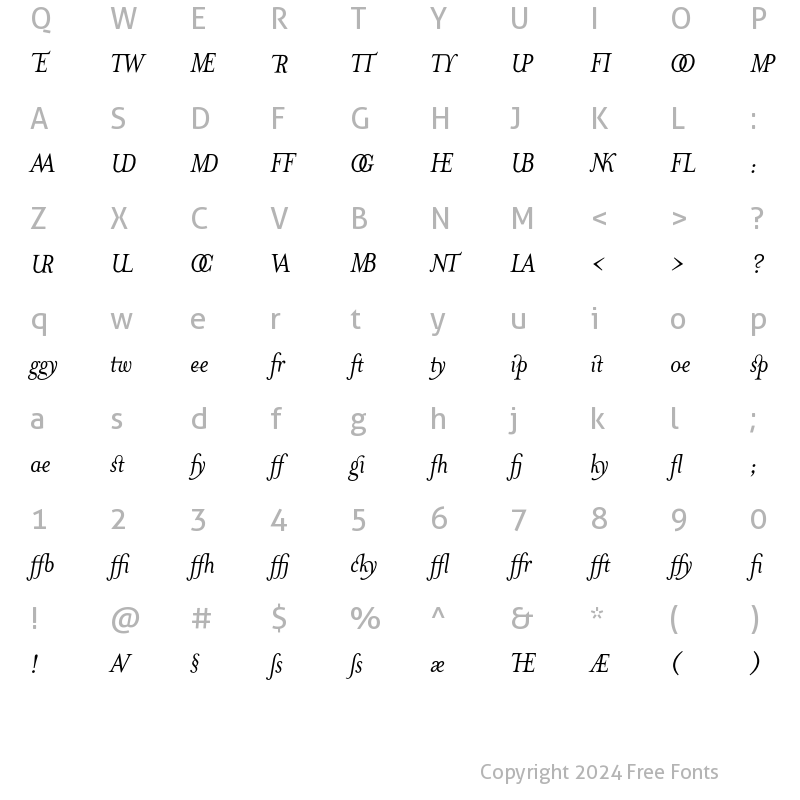 Character Map of MrsEavesJustLig Italic