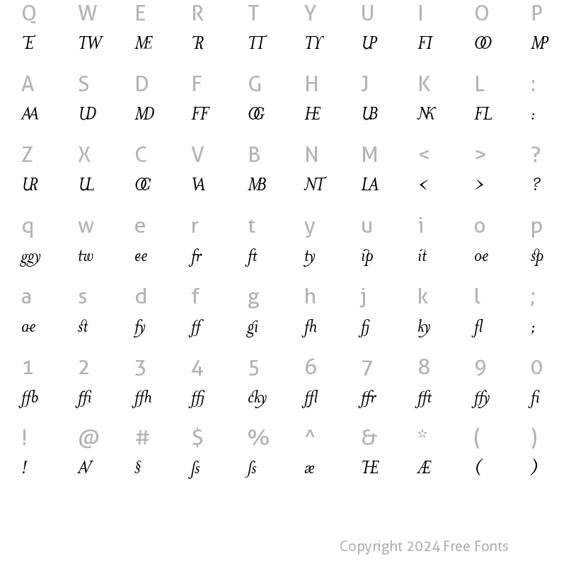 Character Map of MrsEavesJustLig RomanItalic