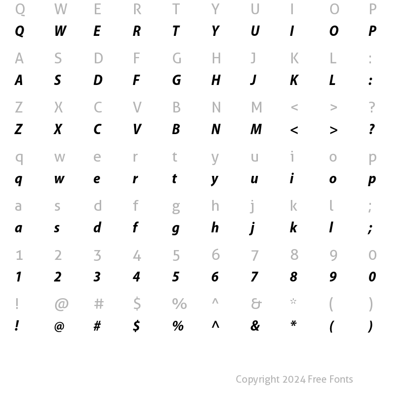 Character Map of Myriad Pro Bold SemiCondensed Italic