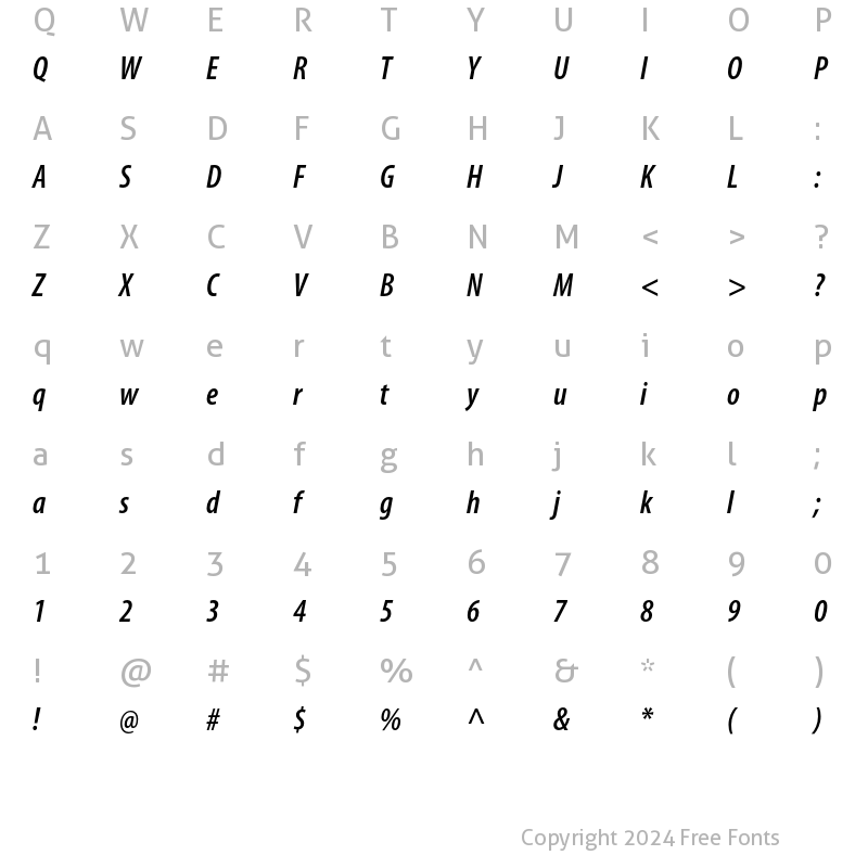 Character Map of Myriad Pro Semibold Condensed Italic