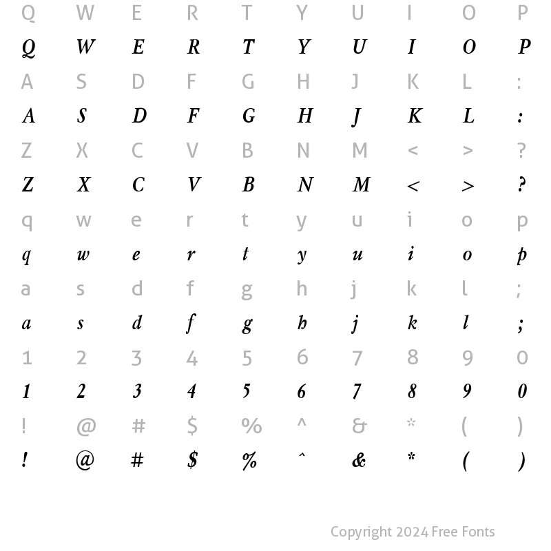 Character Map of Mysl Narrow Bold Italic