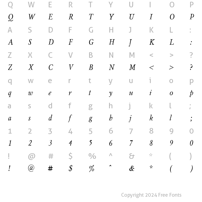 Character Map of MyslNarrowC Italic