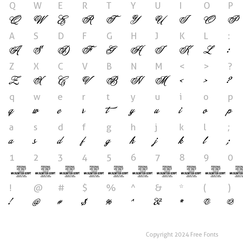 Character Map of Myteri Script PERSONAL USE ONLY Bold Italic PERSONAL USE ONLY