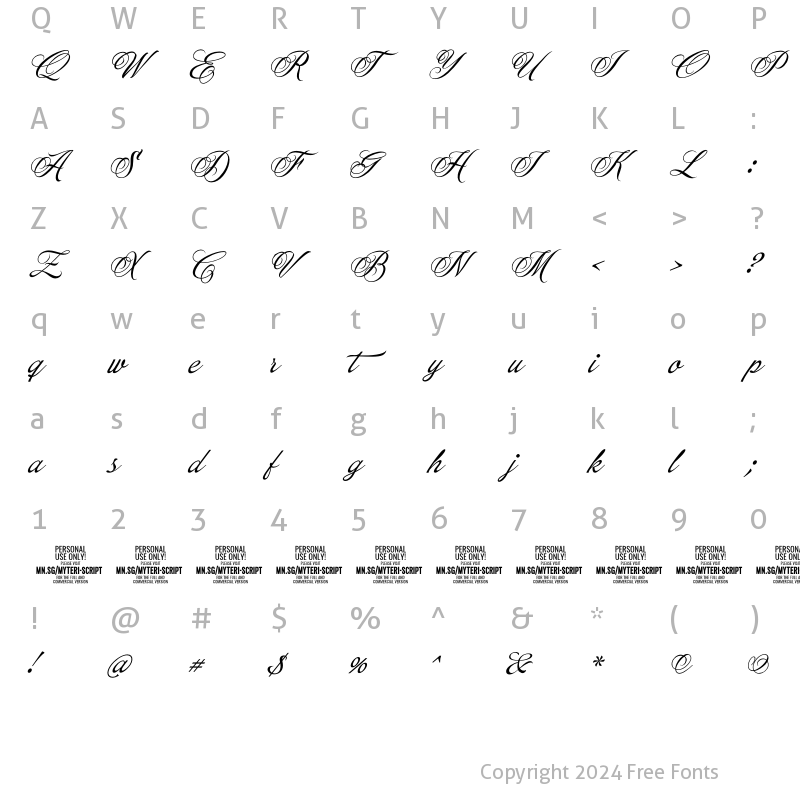 Character Map of Myteri Script PERSONAL USE ONLY Italic PERSONAL USE ONLY