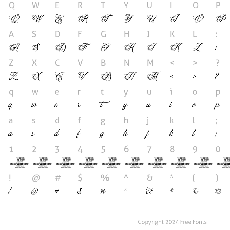 Character Map of Myteri Script PERSONAL USE ONLY Regular PERSONAL USE ONLY