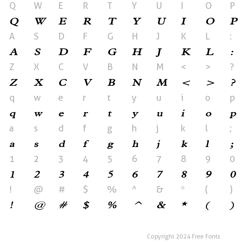 Character Map of Nadine Condensed Bold Italic