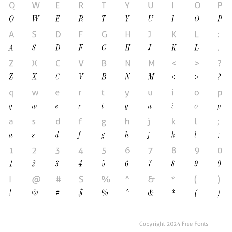 Character Map of New Standard Old Narrow Italic