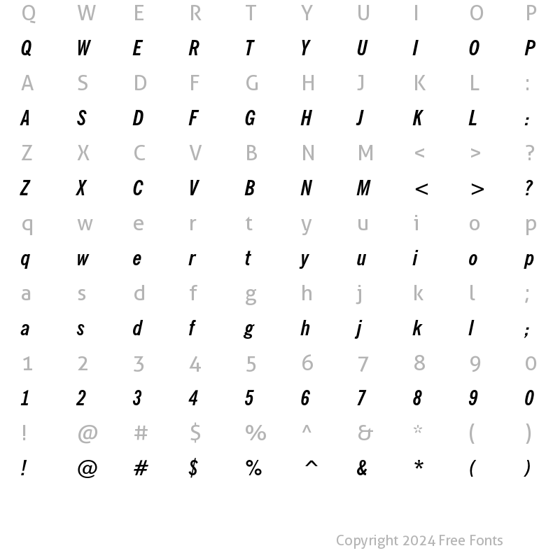 Character Map of News Gothic Condensed Bold Italic