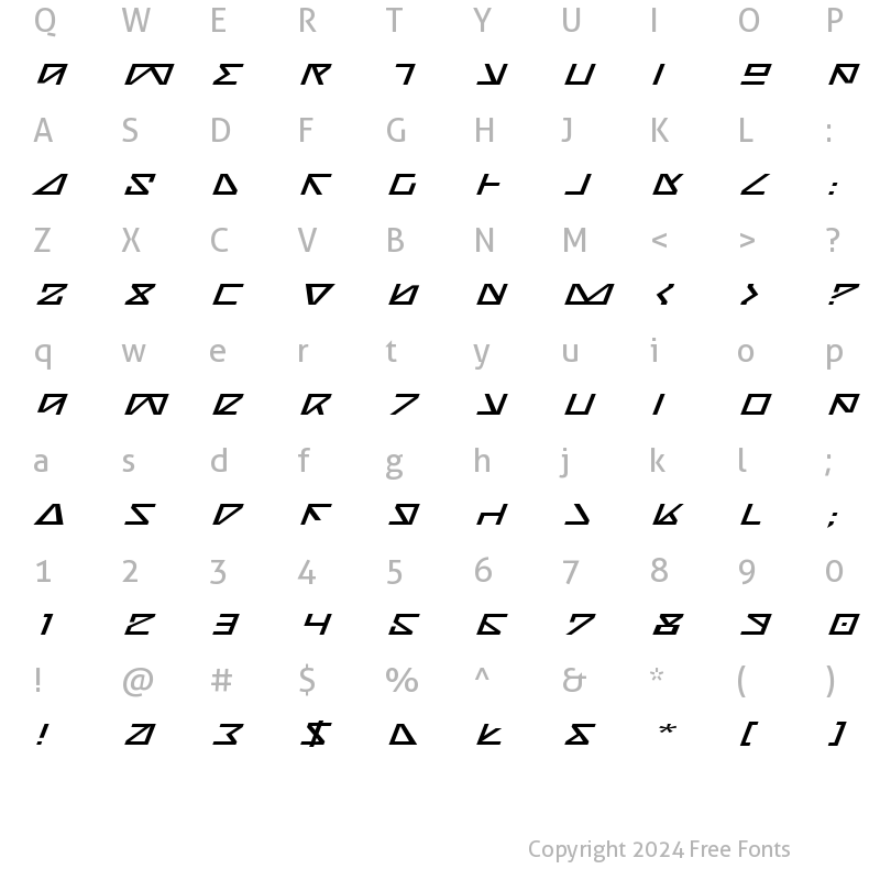 Character Map of Nick Turbo Expanded Italic Expanded Italic