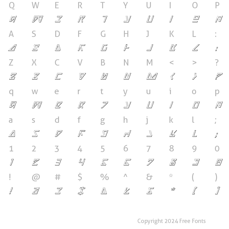 Character Map of Nick Turbo  Italic 3D Italic 3D