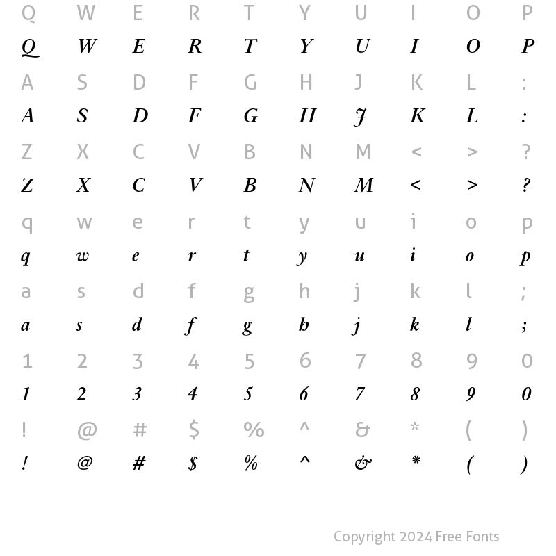 Character Map of NikisEF-SemiBoldItalic Regular