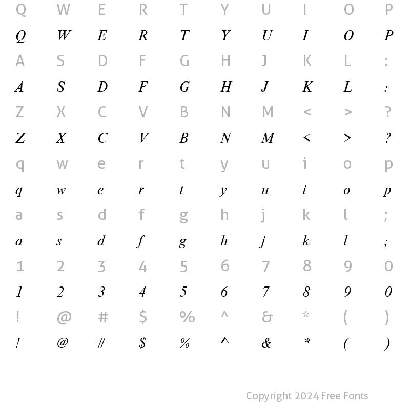 Character Map of Nimbus Roman Becker D Italic