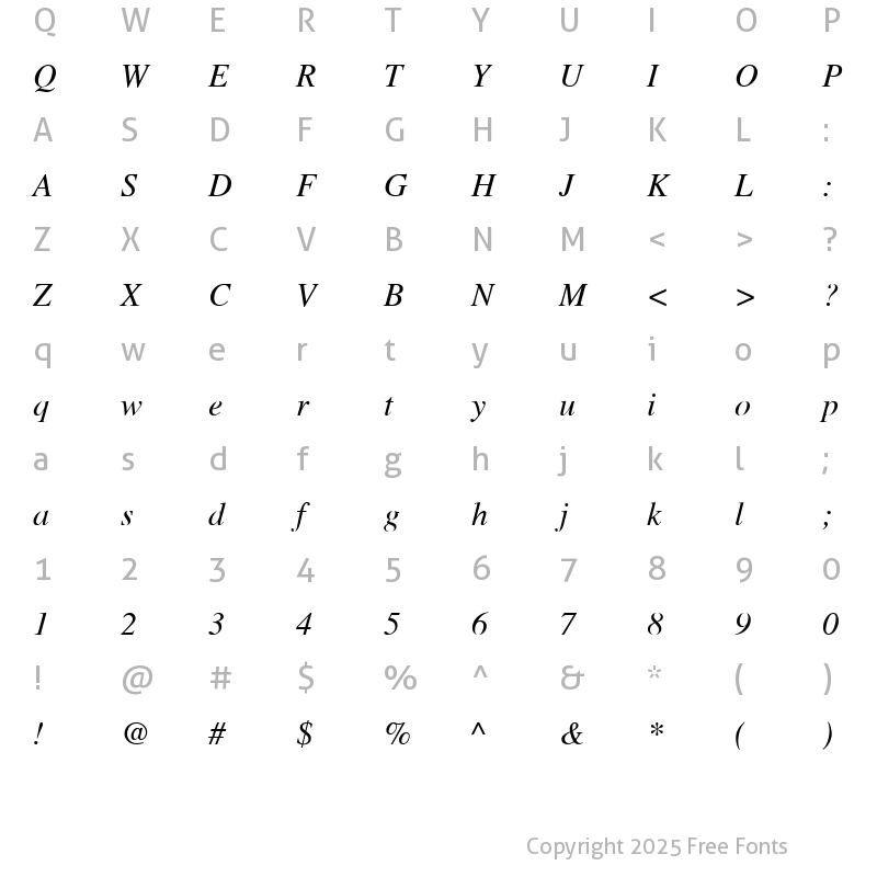 Character Map of Nimbus Roman Becker No9L Italic