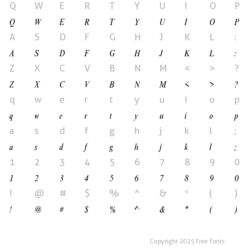 Character Map of NimbusRomNo9TCon Italic