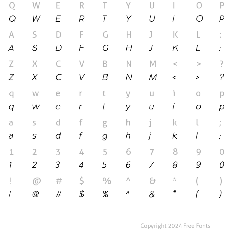 Character Map of Northwoods Light Italic