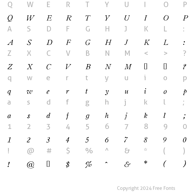 Character Map of Oldstyle Italic HPLHS