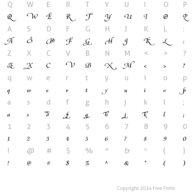 Character Map of Olietta script Lyrica BoldItalic