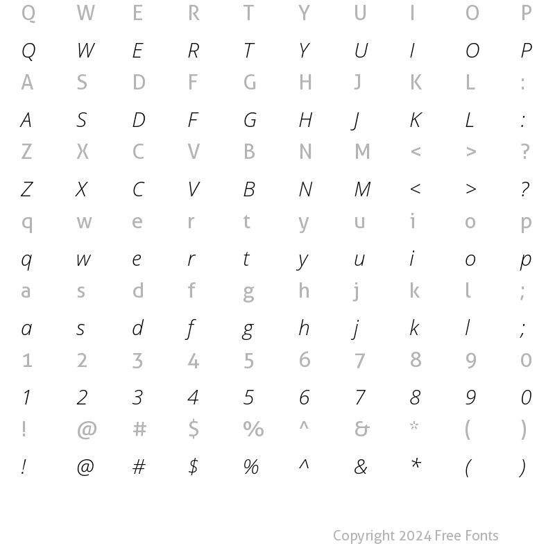 Character Map of Open Sans Light Italic