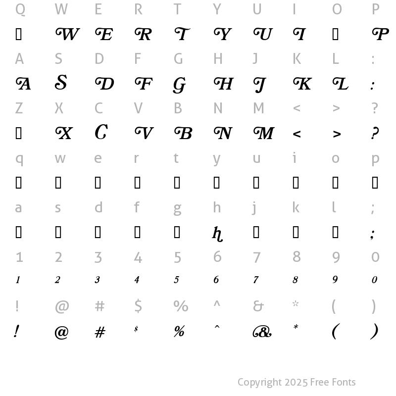 Character Map of OPTIBookmanBoldItaSwashSup Regular