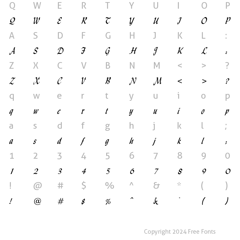 Character Map of OPTILydian Cursive Regular