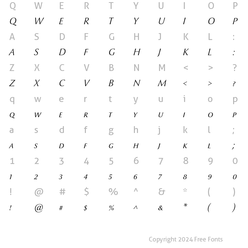 Character Map of Optima nova LT Light Small Caps Italic