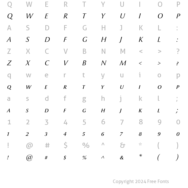 Character Map of Optima nova LT Small Caps Italic