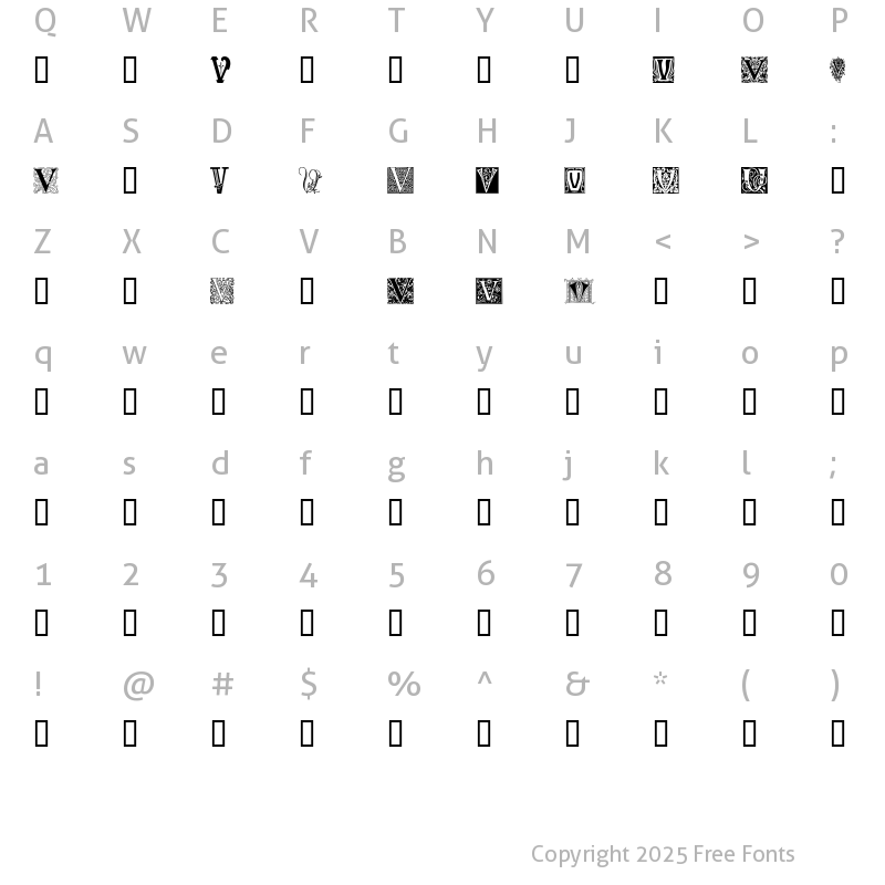 Character Map of Ornamental Initials V Regular