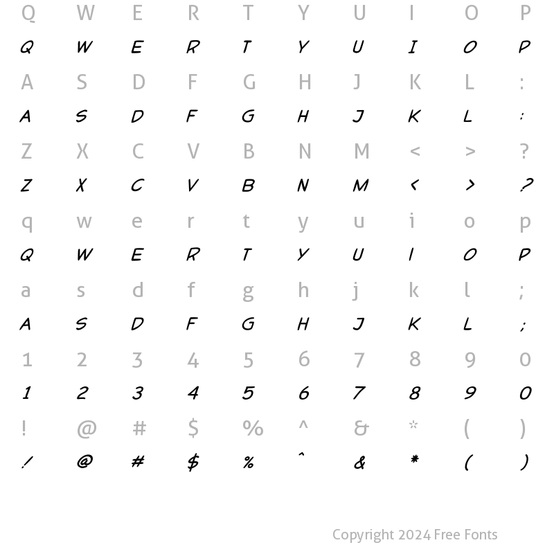 Character Map of P22PopArt Comic Bold Italic