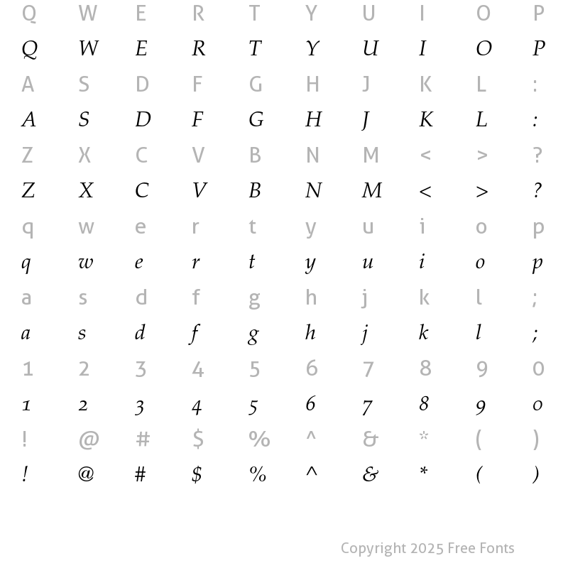 Character Map of Palatino Old Style Figures Italic