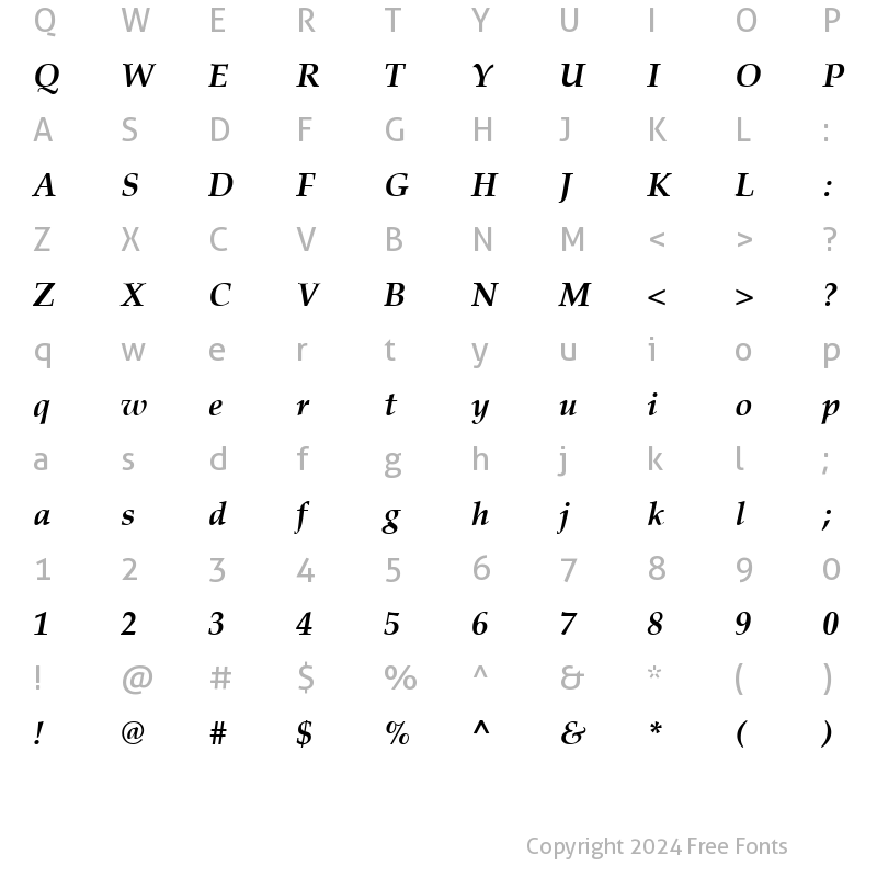 Character Map of Palazzo Bold Italic