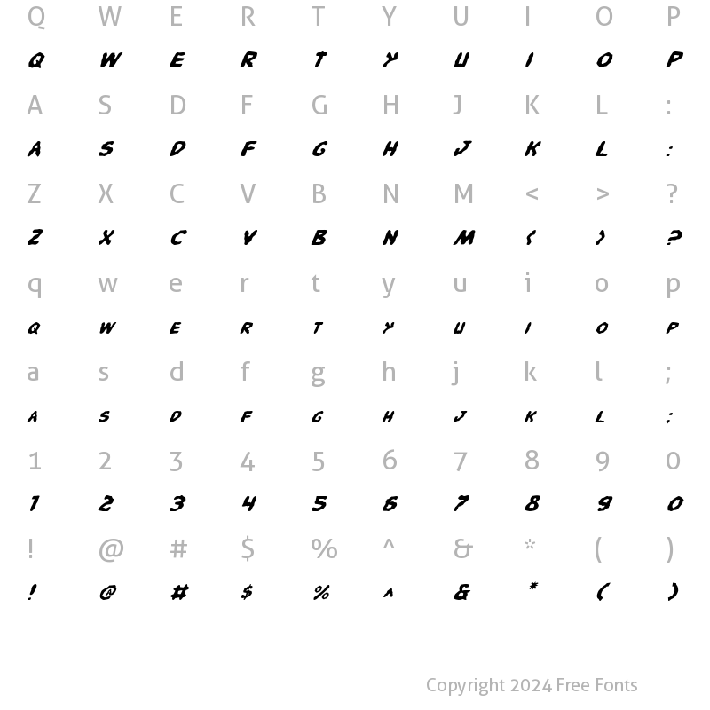 Character Map of Pandemonious Puffery Italic Italic