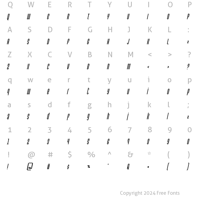 Character Map of Permanent daylight Italic Regular