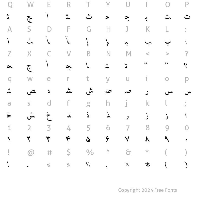 Character Map of PersianNaskhSSK Italic