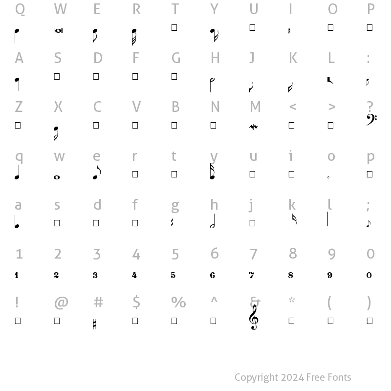 Character Map of PG Music Font medium