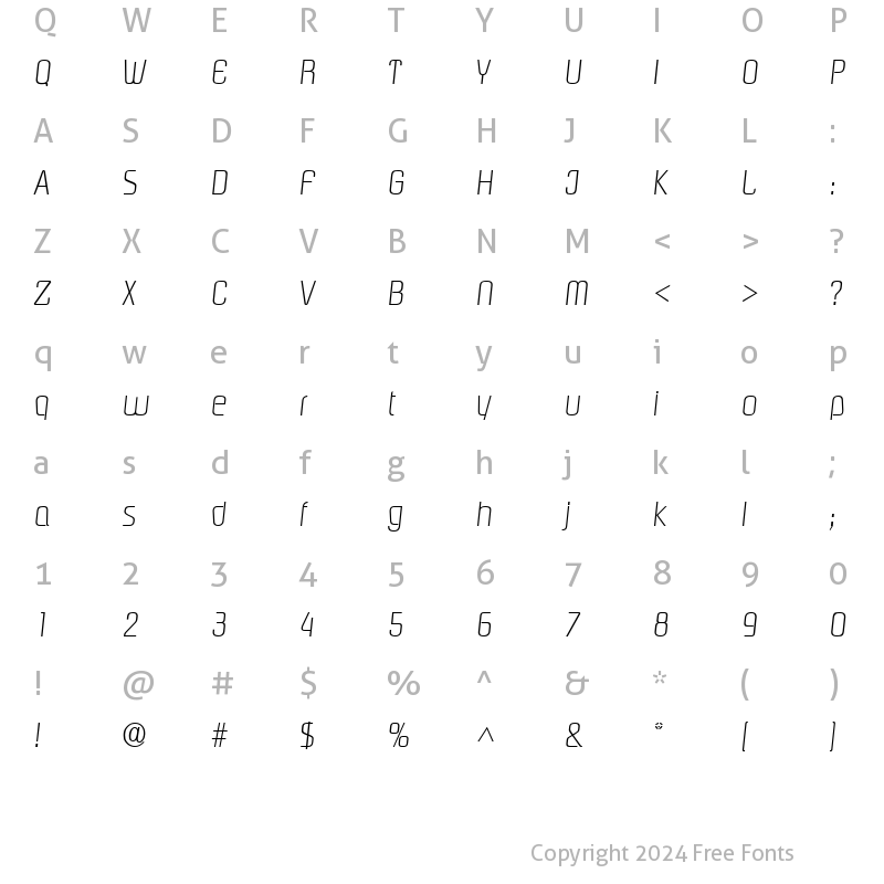 Character Map of Piazza Light SF Italic