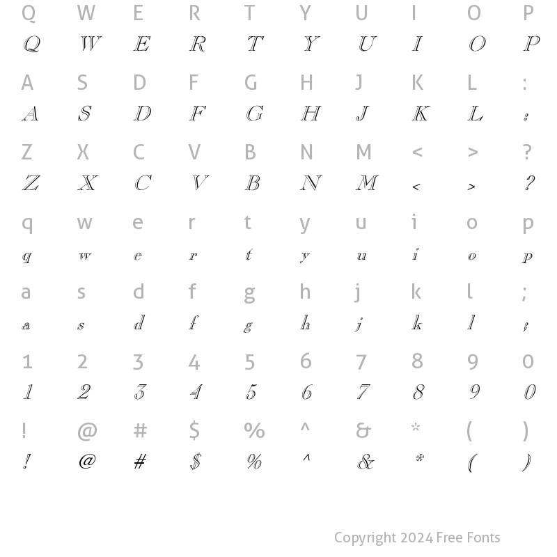 Character Map of Pinchi-Italic Regular